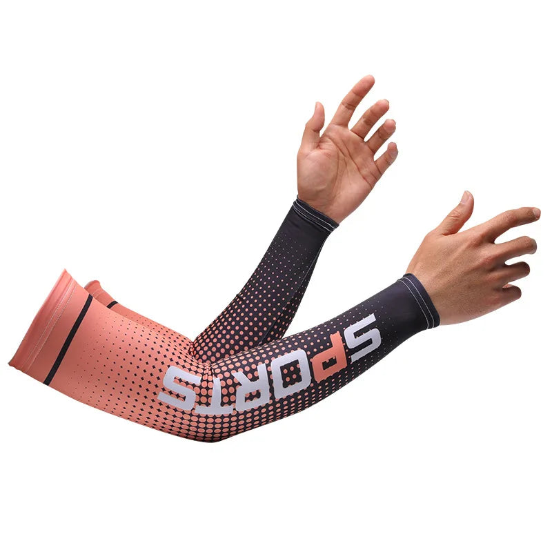 A person's hand wearing an orange sports sleeve with black dots and 'SPORTS' text.