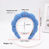 A light blue polyester terry cloth headband for hair styling, shown with dimensions and weight.