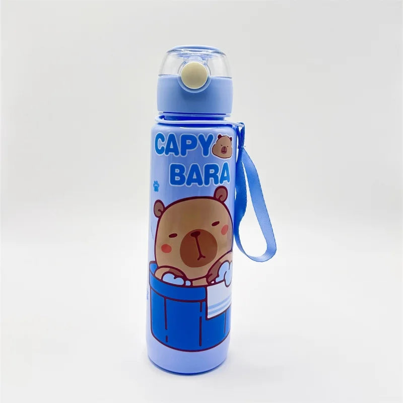A light blue insulated water bottle featuring a bear design and a strap, standing upright against a white background.