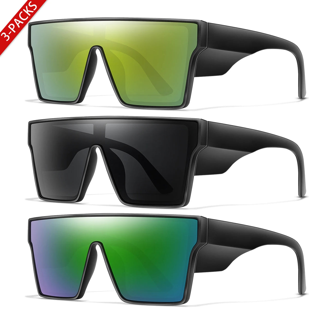 Tres pares de gafas de sol grandes UV400 en tonos verde, negro y púrpura.