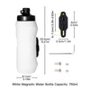 White magnetic water bottle with a black cap and release mechanism, shown next to mounting hardware.