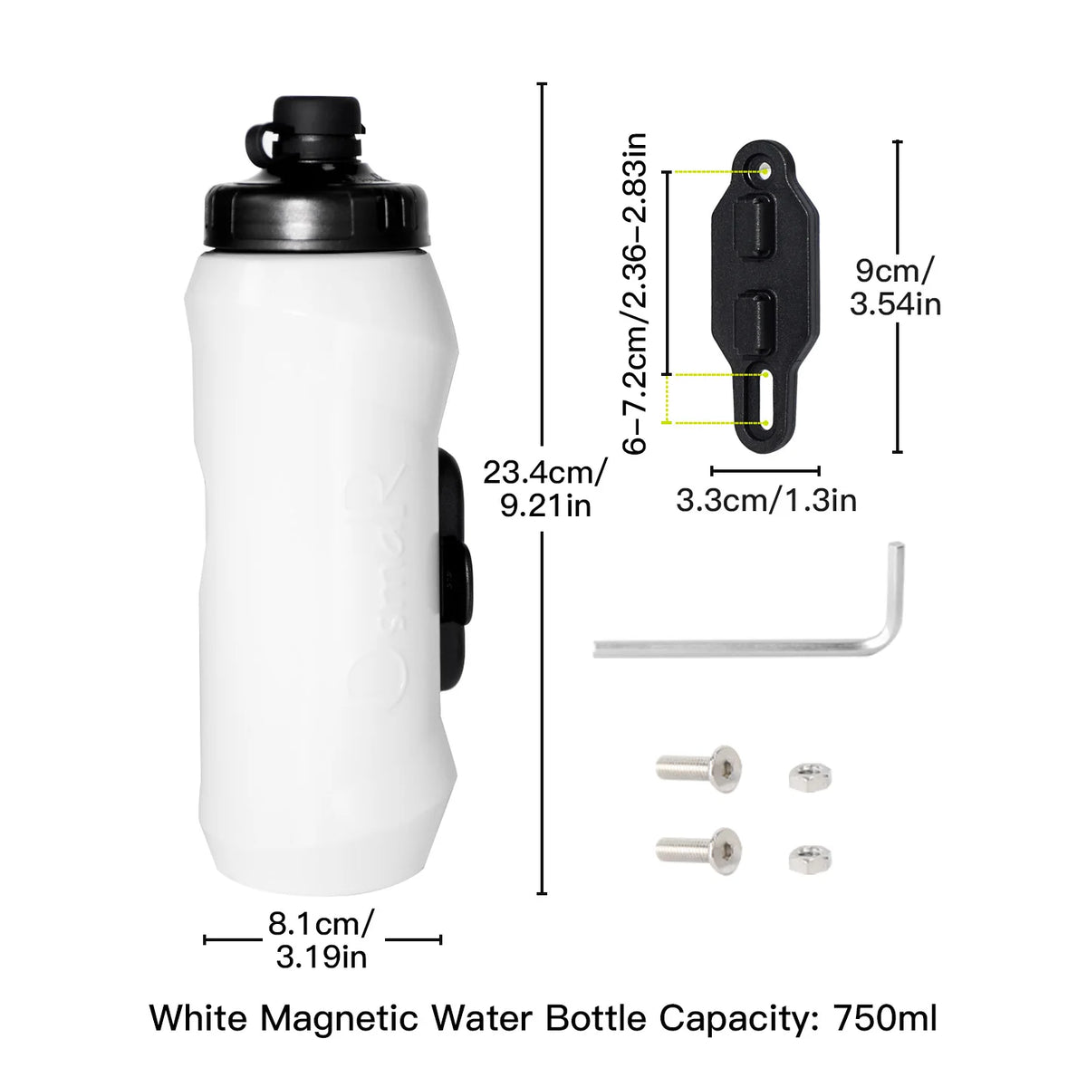 White magnetic water bottle with a black cap and release mechanism, shown next to mounting hardware.