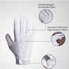 Análisis de guantes de tela blanca transpirable que muestran características como diseño interfalángico, elasticidad posterio