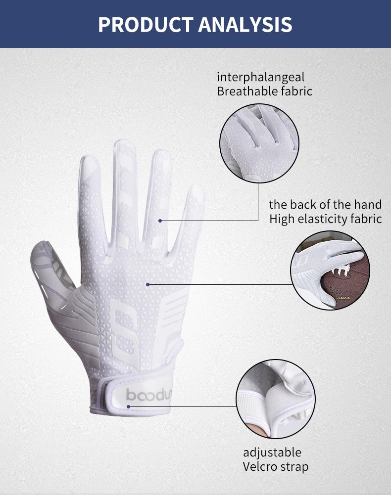 Análisis de guantes de tela blanca transpirable que muestran características como diseño interfalángico, elasticidad posterio