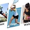 Diagram showing muscle groups like calf, knee, thigh, waist, and shoulder and neck for kinesiology tape application.
