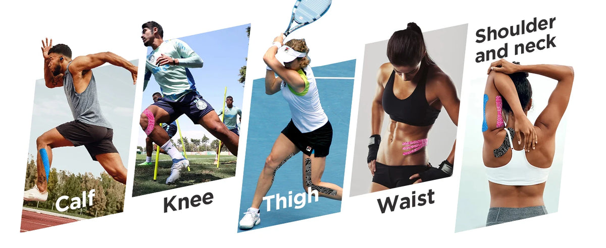 Diagram showing muscle groups like calf, knee, thigh, waist, and shoulder and neck for kinesiology tape application.