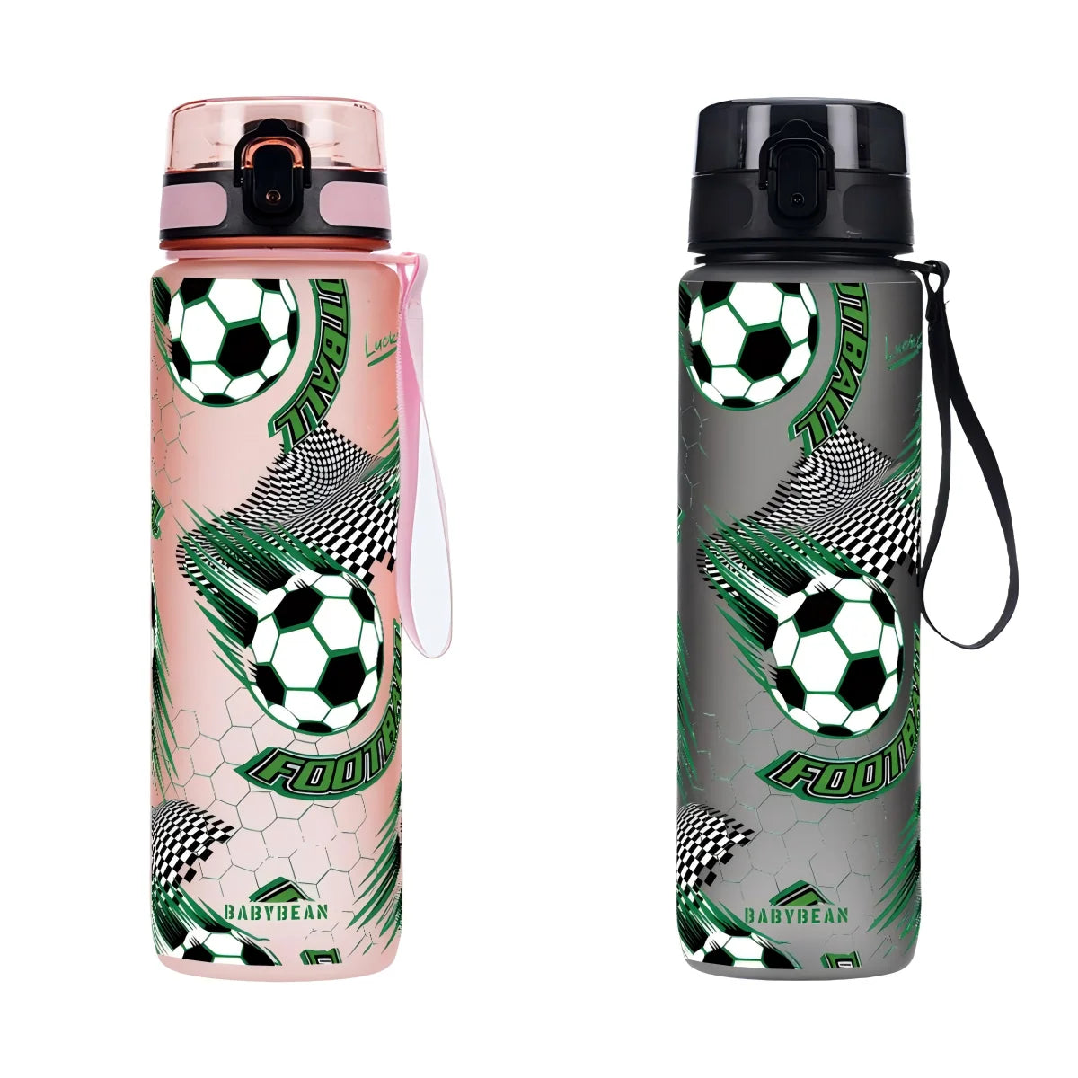 A pink and green patterned water bottle with a black cap and a soccer ball design.