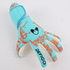 A bright cyan goalkeeper glove featuring an orange pattern and the word Defigo on the palm.