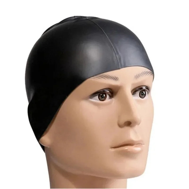 Black waterproof silicone swim cap displayed on a mannequin head.