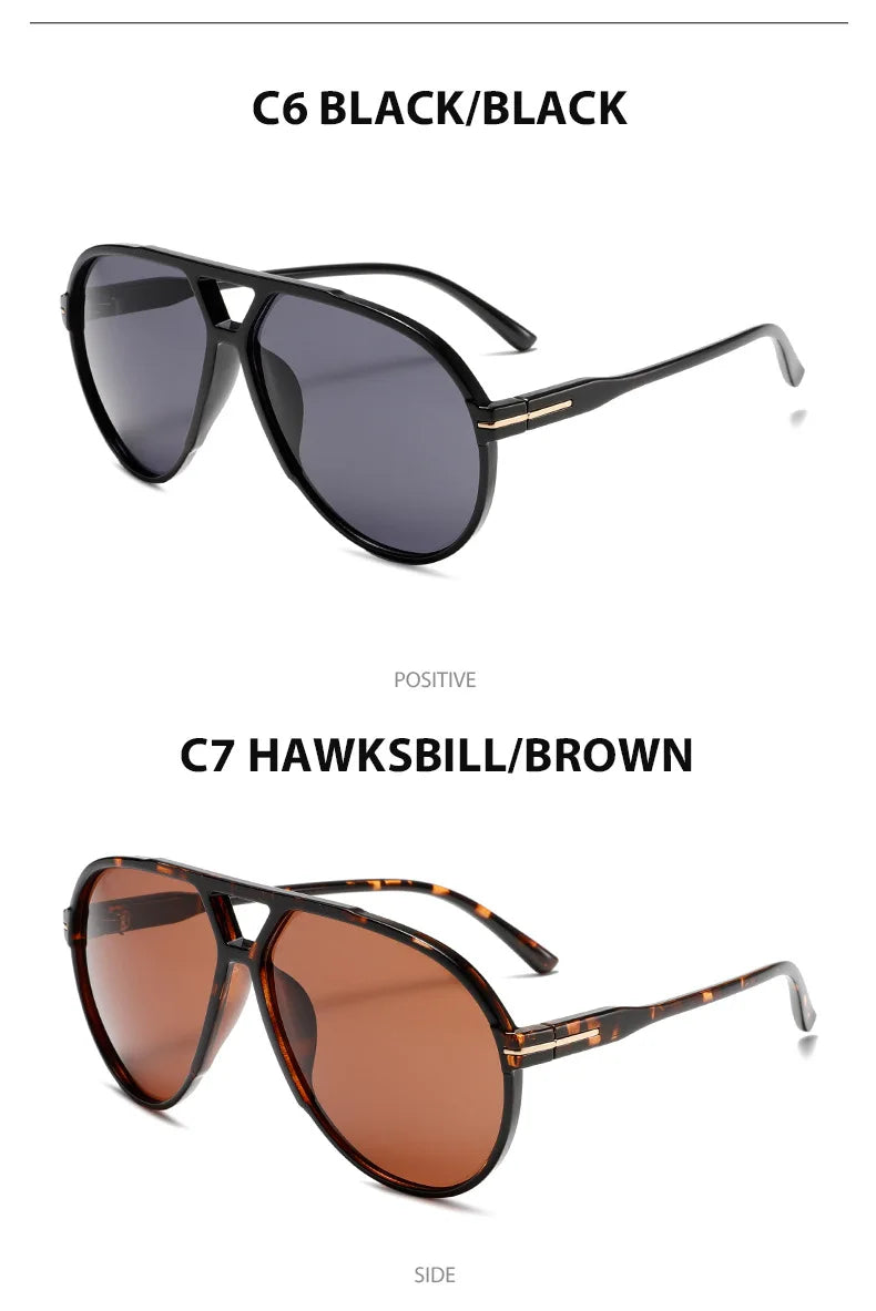 Ein Paar C6 Schwarz/Schwarz Pilotenbrille von vorne und ein Paar C7 Hawksbill/Braun Brille von der Seite