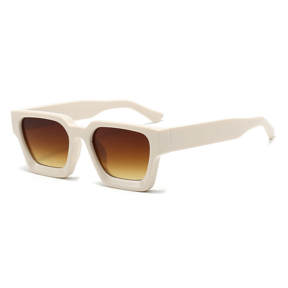 A pair of white retro square frame sunglasses with brown tinted lenses.
