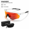 A pair of orange polarized sports sunglasses with a black case shown next to the product box.