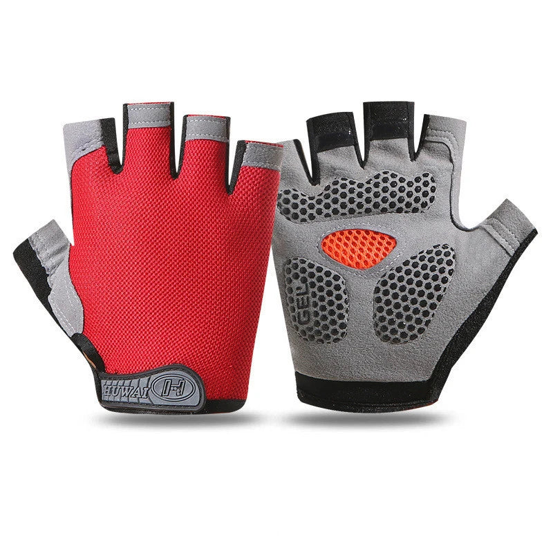 A pair of gray and red breathable anti-slip gym workout gloves shown against a white background.