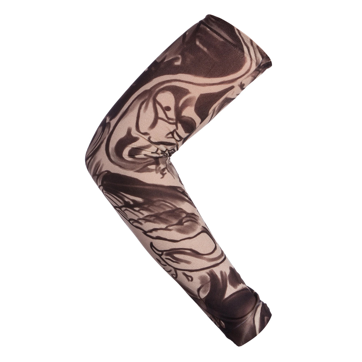A close-up of a black and white marbled sun protection breathable arm sleeve bent in an arc.
