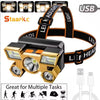 A gold and black LED headlamp with multiple light modes shown alongside various usage scenarios.