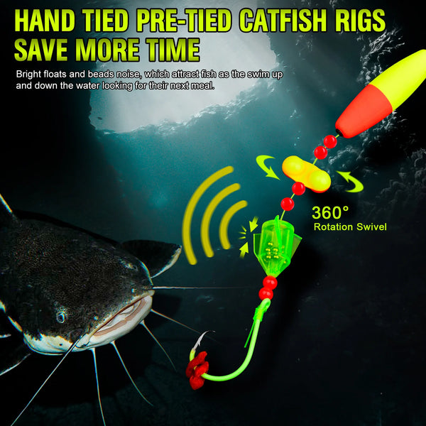 Hand tied pre-tied catfish rigs featuring bright floats and beads for fishing