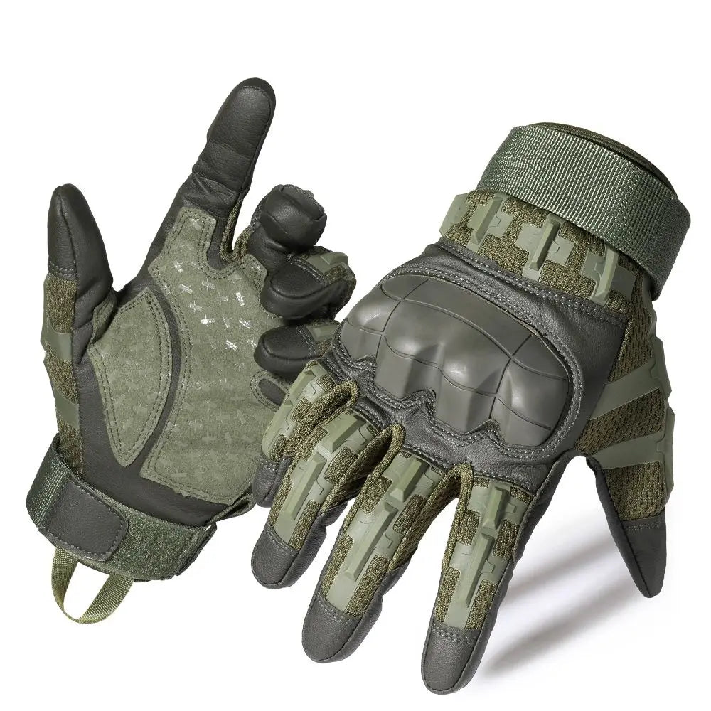 A pair of olive green tactical PU leather cycling gloves shown against a white background.