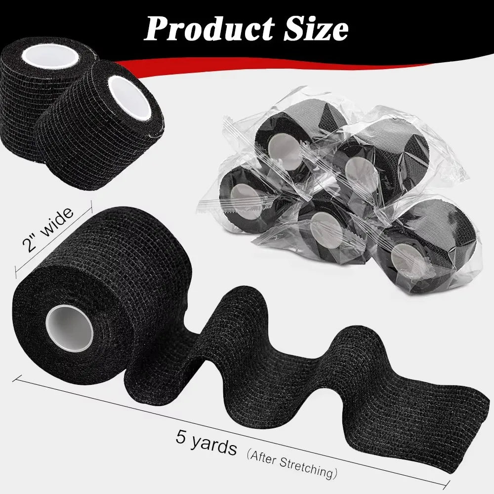 Rolls of black self-adhesive tattoo grip tape showing various sizes and a stretched strip.