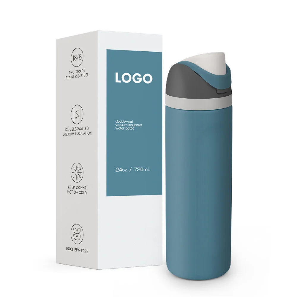 A teal stainless steel insulated fitness cup with a light blue lid and straw is shown next to its packaging box.