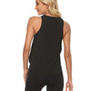 A woman wearing a black quick-dry yoga and gym tank top in a side profile view.