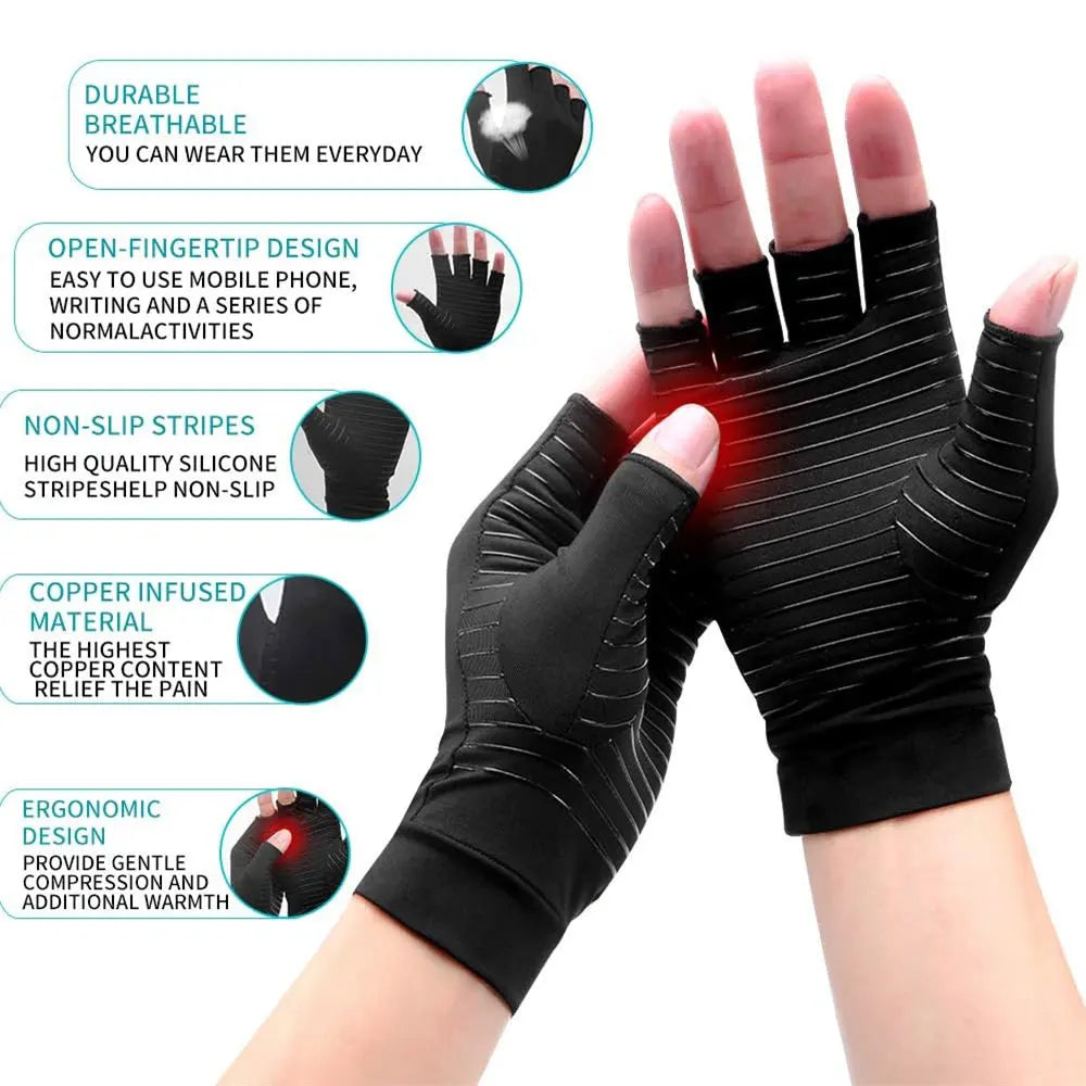Black copper infused compression wrist support gloves designed for joint relief and normal activities.