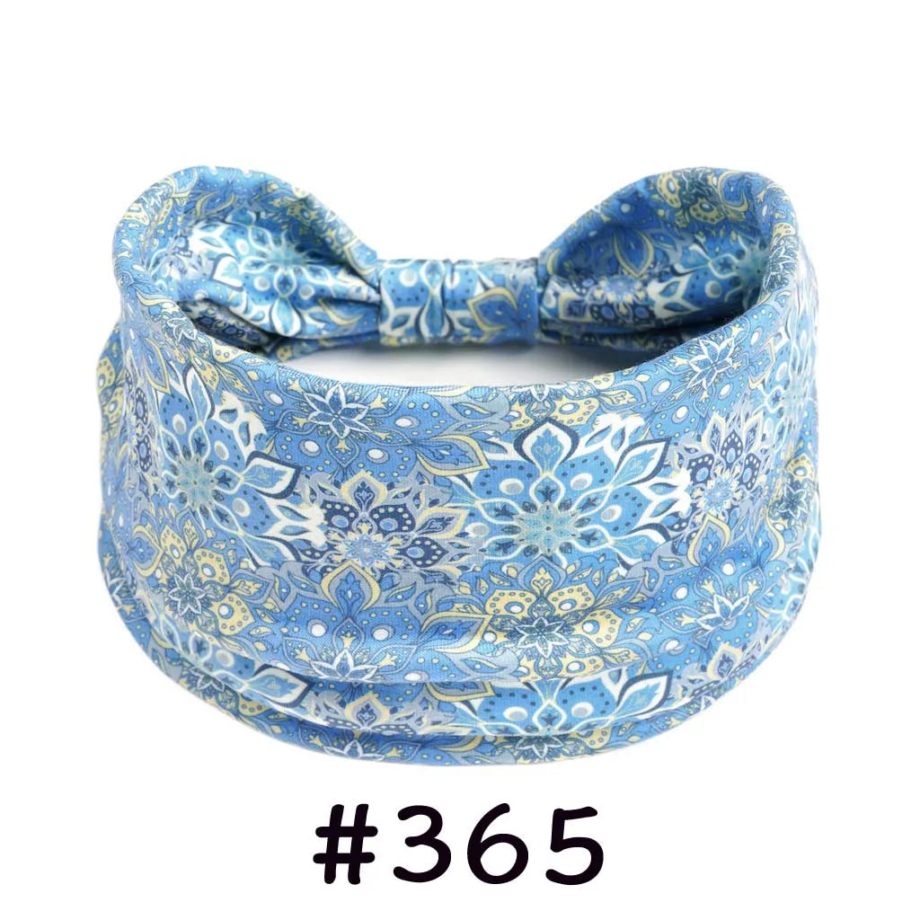 Blue patterned boho knotted cotton headband with a bow