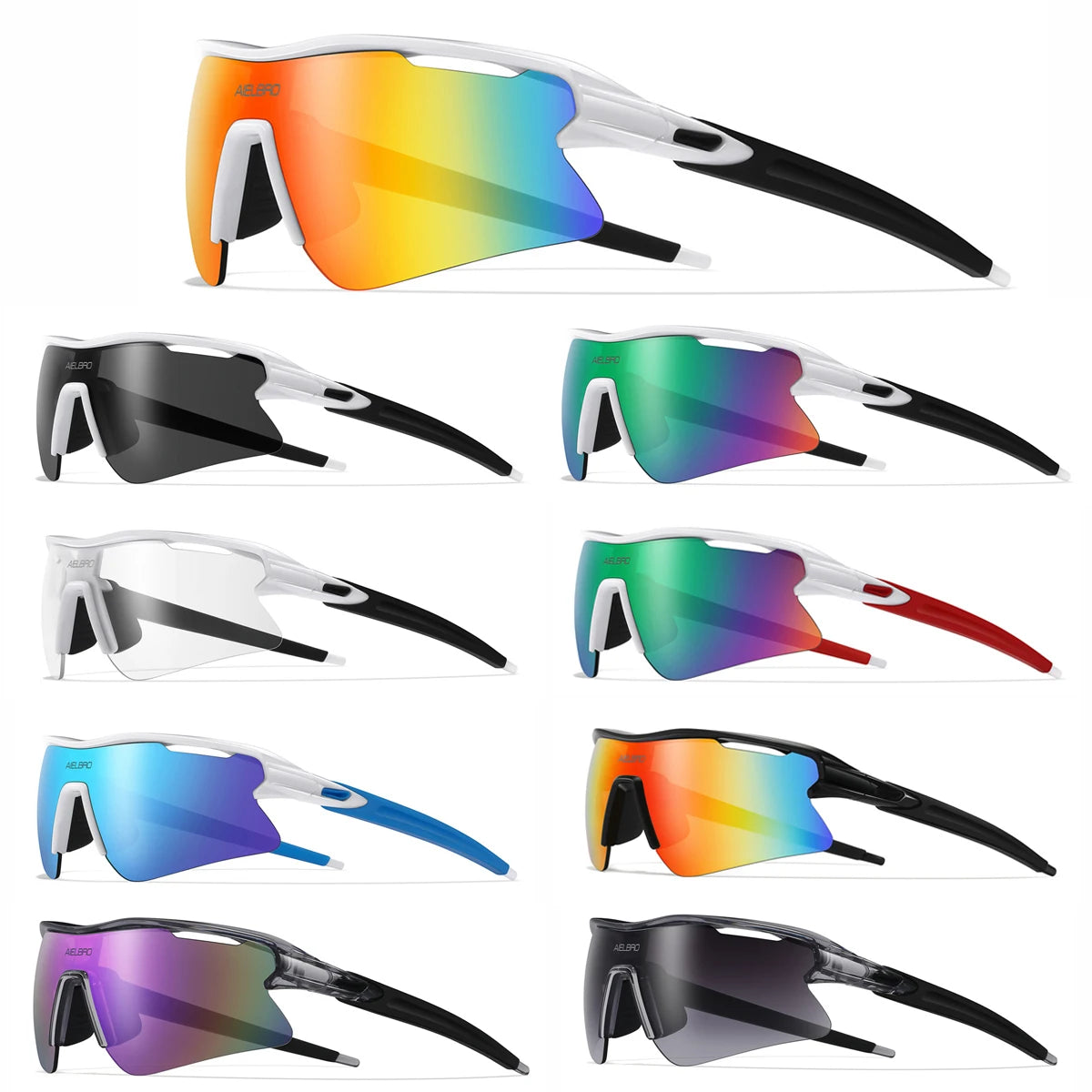 A set of UV400 sports sunglasses shown in various colors and angles for cycling and running.