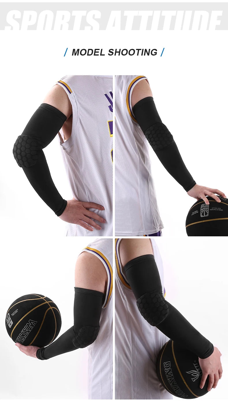 Black honeycomb elbow support sleeve worn on an arm during a model photoshoot.