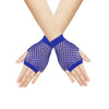 Pair of royal blue mesh fingerless gloves worn on hands