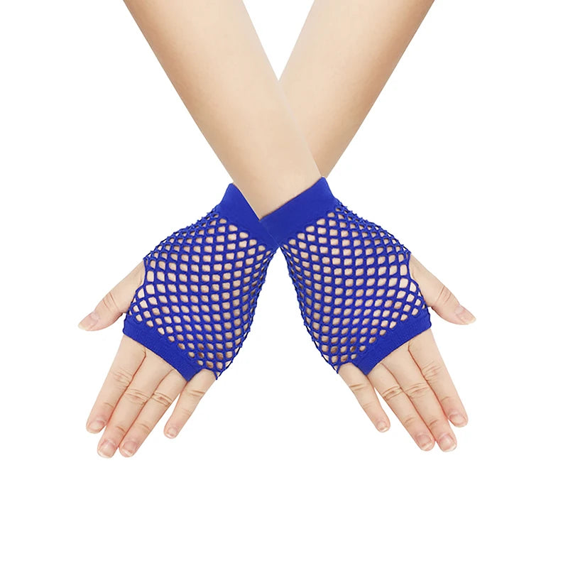 Pair of royal blue mesh fingerless gloves worn on hands