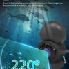 A black camera captures underwater scenes with a 220-degree ultra-wide-angle lens.