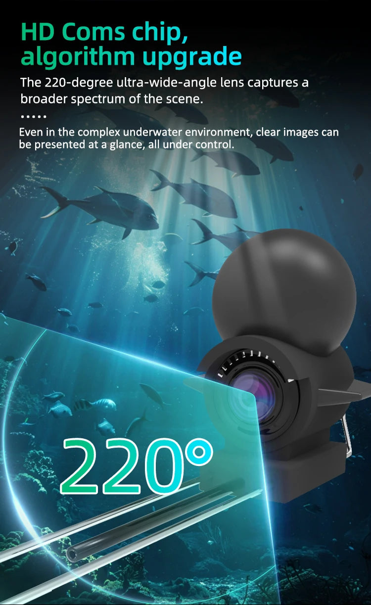 A black camera captures underwater scenes with a 220-degree ultra-wide-angle lens.