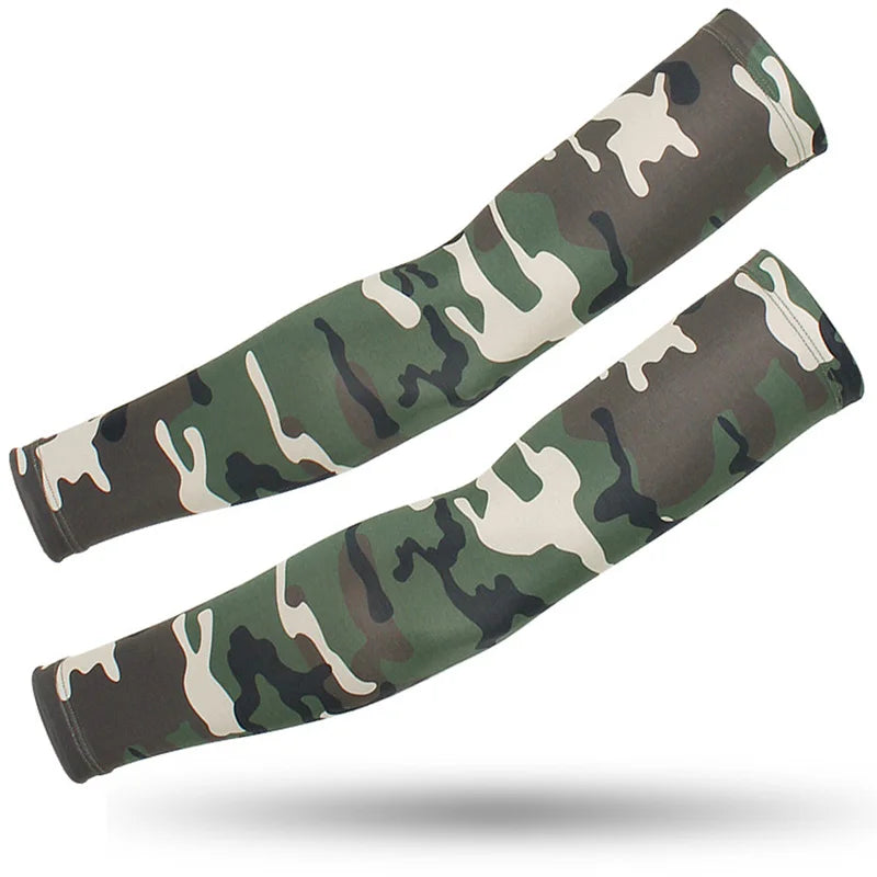 A pair of tactical camouflage arm sleeves designed for UV protection.