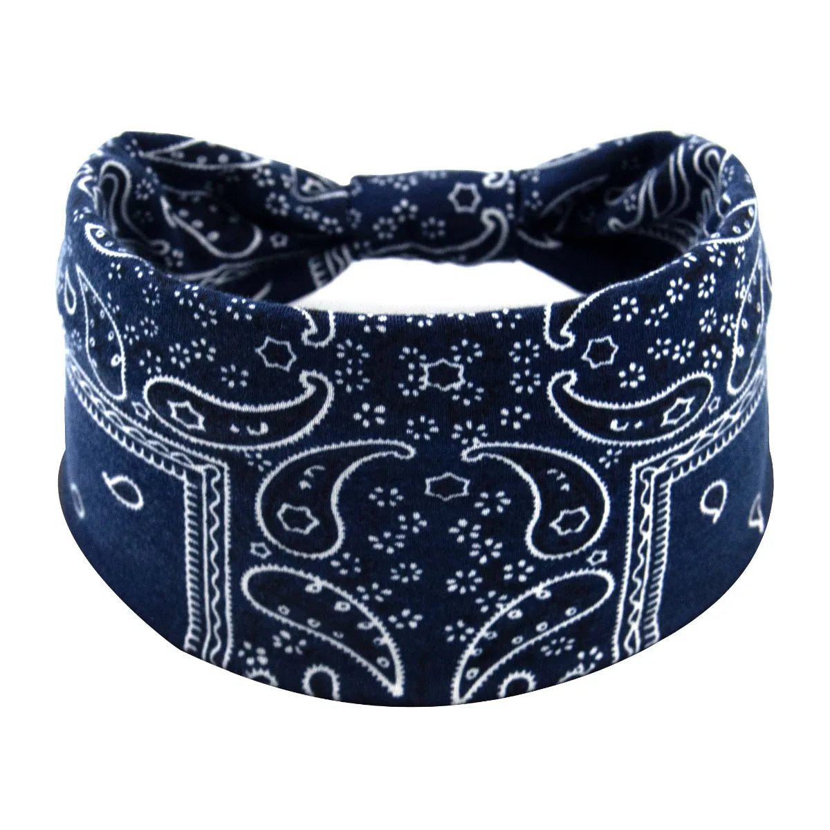 Marineblaues Boho-Twist-Haarband mit weißem Paisley- und Sternmuster