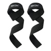 A pair of black SKDK gym weightlifting straps for deadlifts.