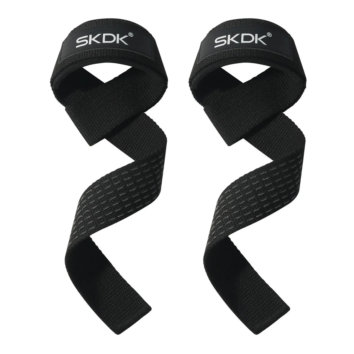 A pair of black SKDK gym weightlifting straps for deadlifts.