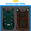 A teal backpack with orange reflective strips is shown in two views, emphasizing night reflection for increased safety.