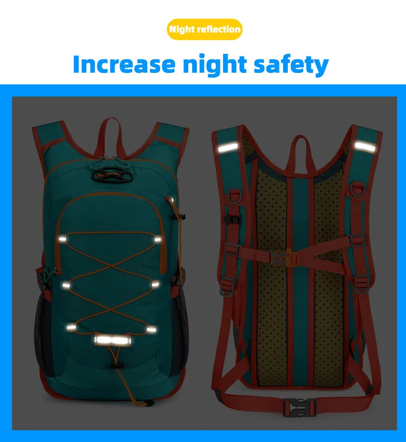 A teal backpack with orange reflective strips is shown in two views, emphasizing night reflection for increased safety.