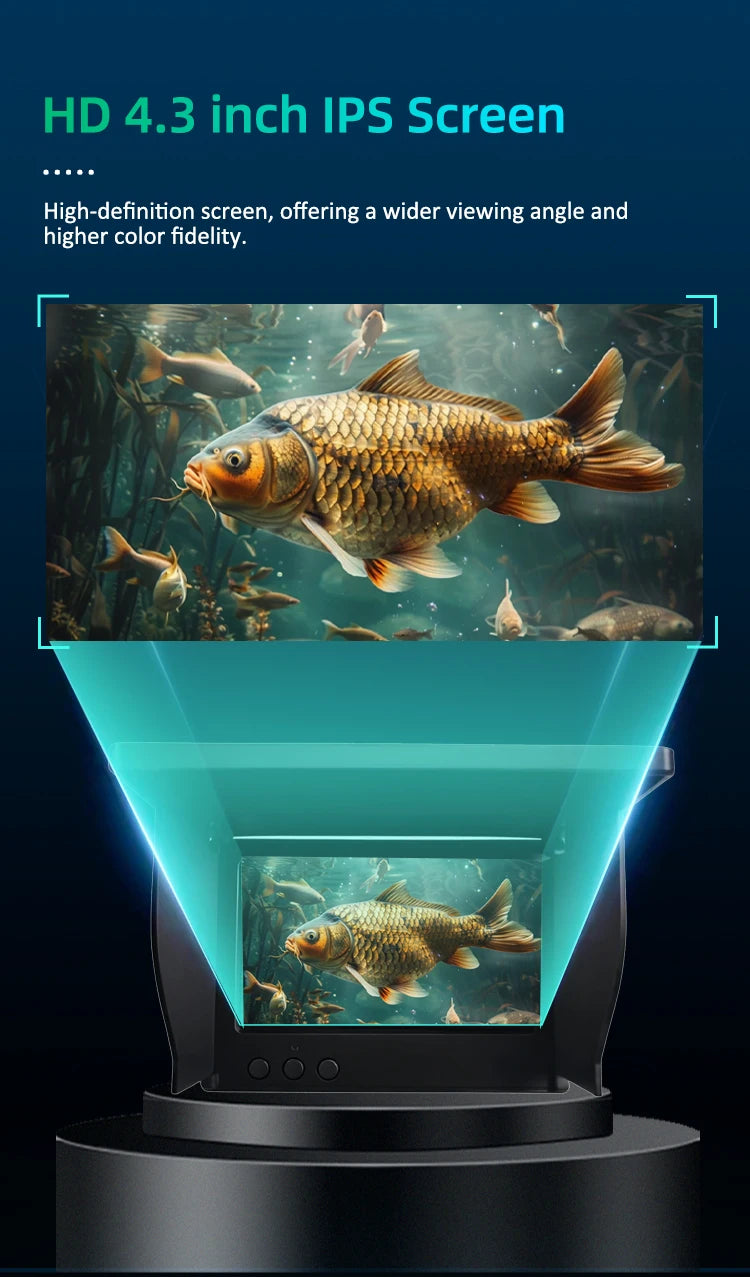 A handheld underwater fishing camera displaying a clear view of a fish in water.