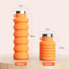 Orange collapsible silicone travel water bottle shown with various sizes and dimensions.