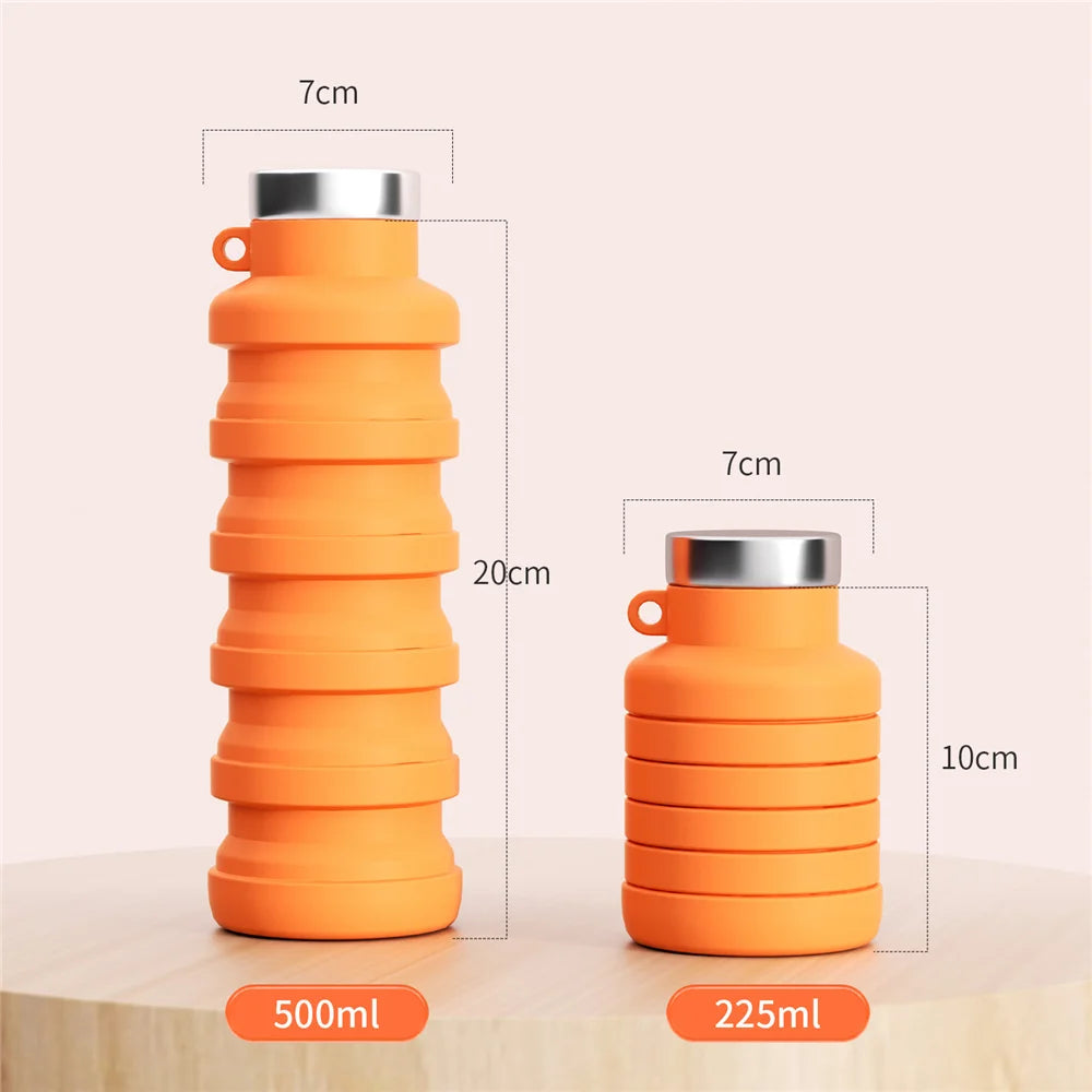 Orange collapsible silicone travel water bottle shown with various sizes and dimensions.