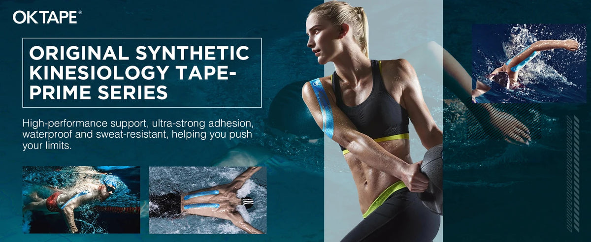A female model demonstrates the use of Original Synthetic Kinesiology Tape on her arm and shoulder.