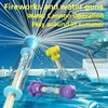 A water gun operation with fireworks and water cannons playing in summer, featuring various colored water guns.