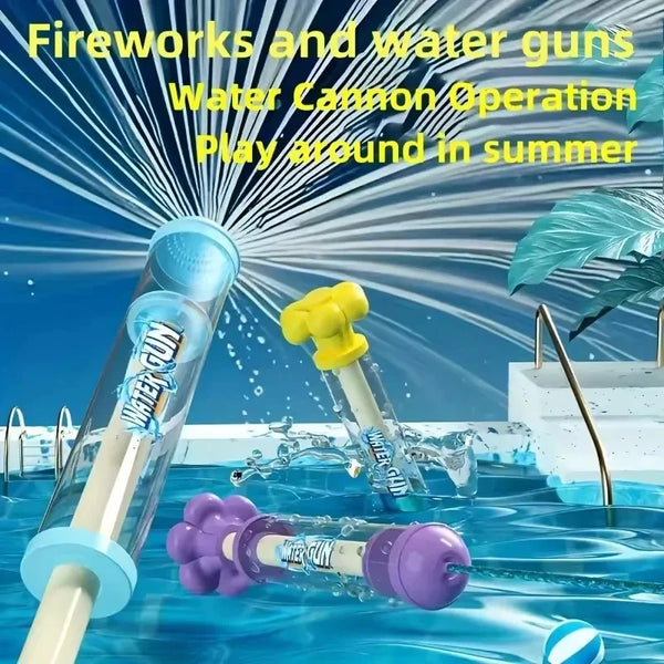 A water gun operation with fireworks and water cannons playing in summer, featuring various colored water guns.