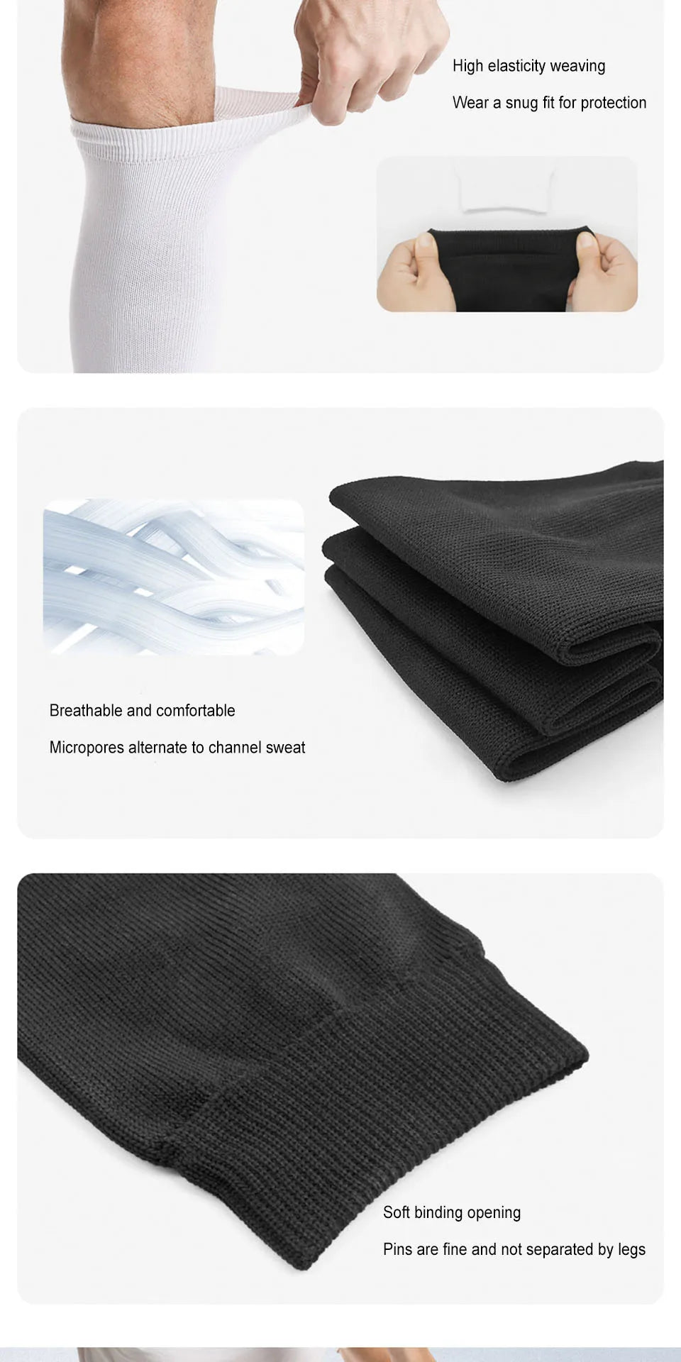 Black compression leg sleeves shown on a hand and folded fabric, highlighting elastic weaving and sweat channels.