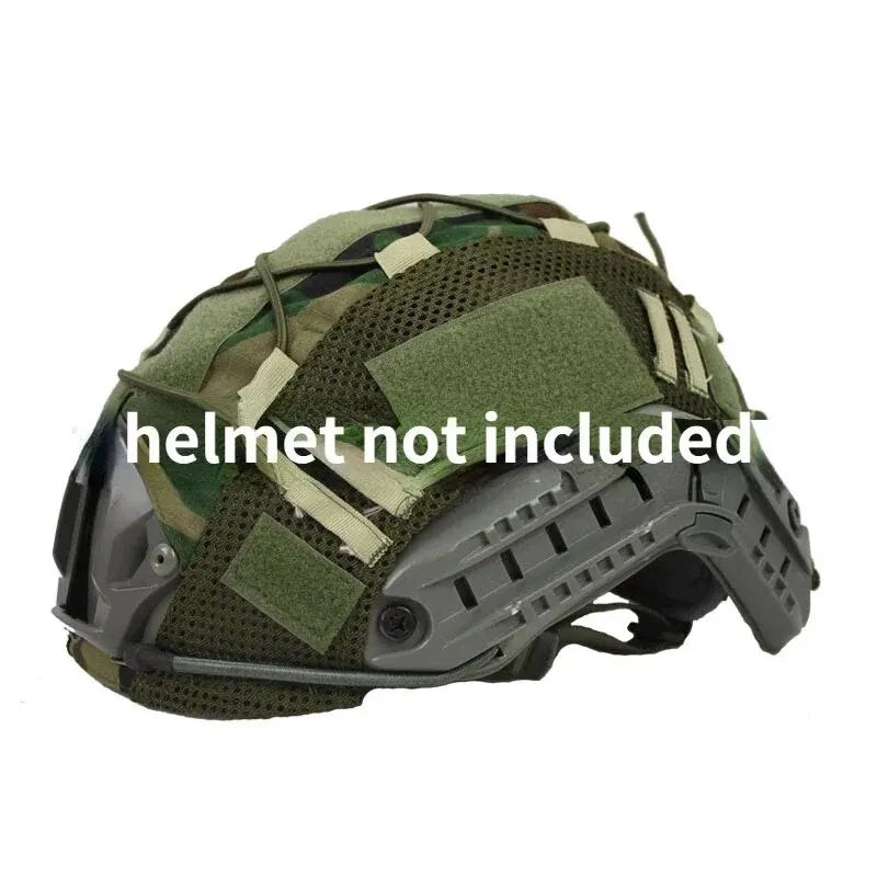 A camouflage tactical helmet cover is shown, with the helmet not included.