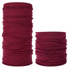 A stack of deep burgundy seamless fabric headbands and balaclavas rolled into cylindrical shapes.