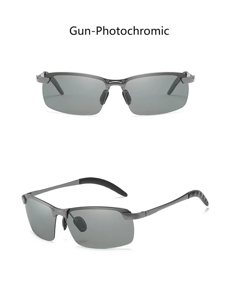 Gray gun-photochromic sunglasses shown in two views.