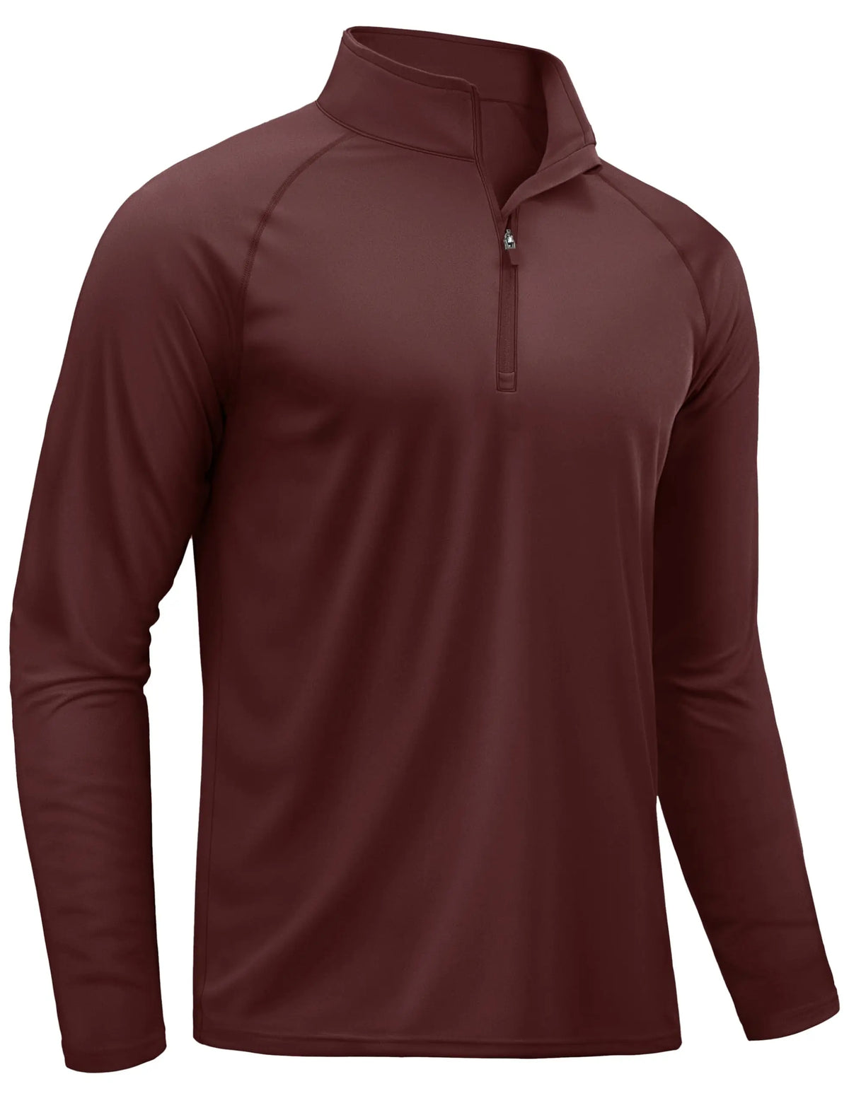 A maroon men's lightweight UV protection long sleeve shirt with a quarter-zip collar.