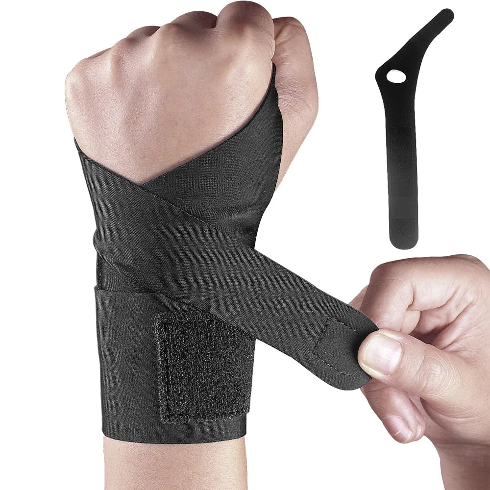 A black comfort wrist support compression strap is shown being worn on a hand and a separate strap component.